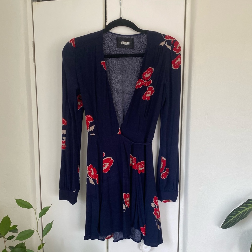 Reformation Blue Floral Mini Wrap Dress